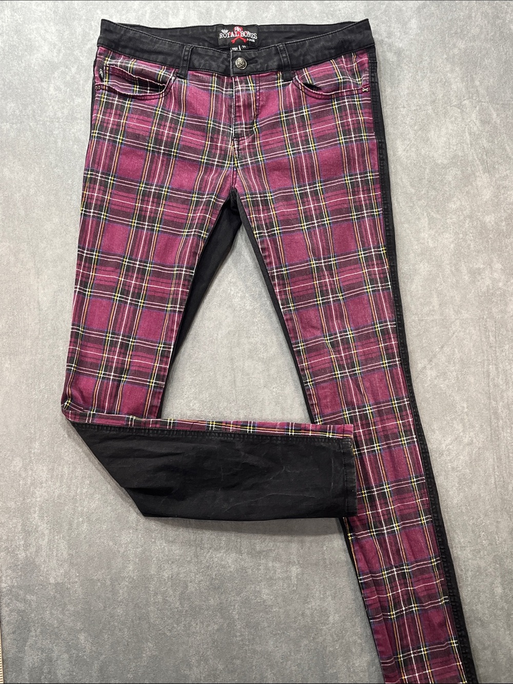 Royal Bones by Daang Plaid Skinny Jeans Burgundy Black Punk Y2K Size 11